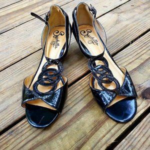 Seychelles Black Leather Wedge Sandals